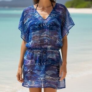 LAUREN RALPH LAUREN Calypso Ikat Blue Print Semi Sheer Swim CoverUp Mini Dress M
